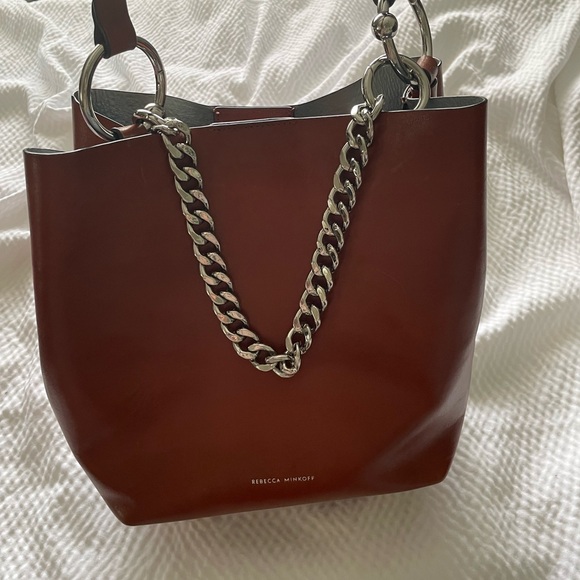 Rebecca Minkoff Cognac Leather Convertible Chain Bucket Bag - Picture 3 of 15
